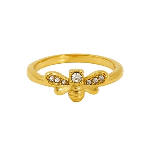 Macro shot of gold bee ring featuring clear crystal inlay and sparkling wings