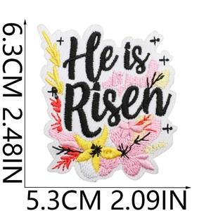 Detail view of He is Risen embroidered religious patch with precise size measurements