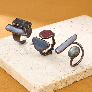 Vintage Natural Stone Kyanite Labradorite Double Gemstone Open Ring Antique Bronze Plated Handmade Retro Jewelry