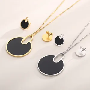 Stainless Steel Necklace And Earrings For Women Black Round Enamel Minimalist Geometric Hollow Design Fashion Jewelry