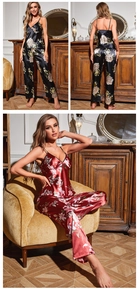 Detail of silk satin floral pajama set with V-neck camisole top and loose trousers