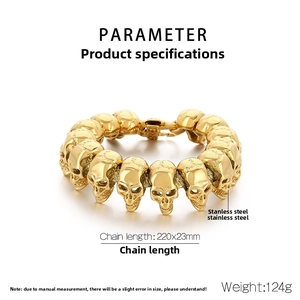 Polished gold stainless steel skull link bracelet for men with 220x23mm dimensions