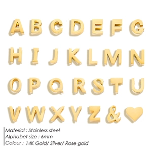 6mm stainless steel alphabet pendants in 14K gold, silver, and rose gold for DIY jewelry