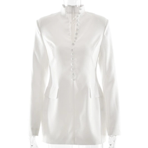 Detailed close-up of white slim-fit blazer dress with high collar and single-breasted buttons