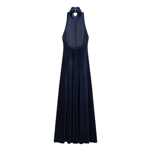 Elegant navy blue velvet halter backless maxi dress with a flowing silhouette