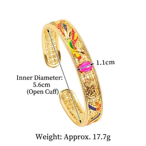 Bracciale etnico placcato oro 18k con smalto drago fenice e gemma rosa lucida