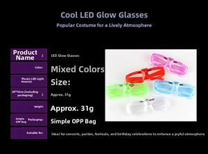 Detailed view of LED neon glasses in five colors with size and weight specifications