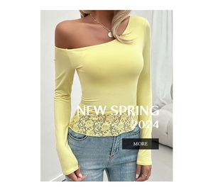 Close-up of yellow off-shoulder knitted top featuring delicate lace trim detail on the hem