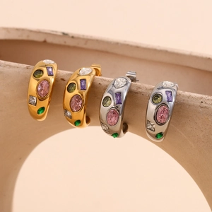 18K gold plated C-shaped earrings with colorful multi-shape cubic zirconia stones