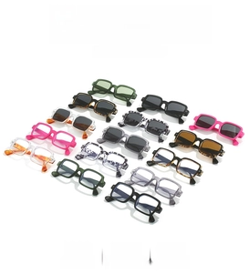 Detailed grid of vintage square frame sunglasses in various colors and lens types