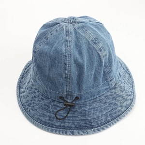 Classic washed blue denim bucket hat with adjustable chin strap and stitched brim for women