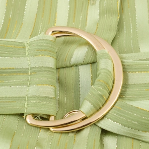 Close-up of light green striped dress featuring a gold metal double-ring buckle belt