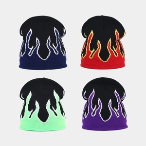Flame Jacquard Knit Beanie Hat Acrylic Streetwear Hip Hop Fashion Winter Warm Brimless Pullover Skull Cap Men Women