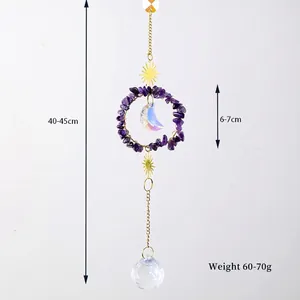 Amethyst crystal suncatcher with golden moon and sun pendants, length 40-45cm