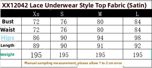 Detailed size chart for lace satin top showing bust, waist, and length measurements