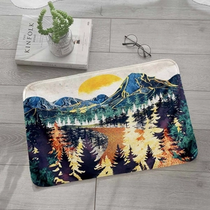 Artistic mountain landscape flannel floor mat with sun and forest on grey wooden floor