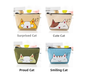 Detail view of four canvas cat coin purses in beige, green, blue with cute expressions