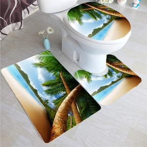 Three-piece bathroom mat set featuring a tropical beach palm tree and ocean scenery design