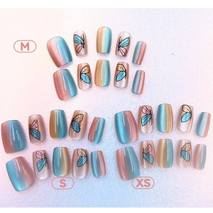 Detailed size guide for butterfly cat eye press-on nails showing M, S, and XS sets