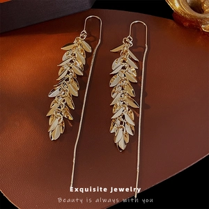Gold Plated Copper Leaf Long Tassel Ear Threader Earrings For Women Elegant Fashion Jewelry With Steel Earring Post