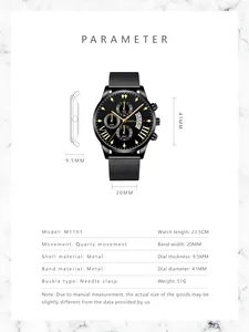 Detailed size chart for black quartz watch showing 41mm diameter and 9.5mm thickness
