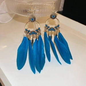 Detailed close-up of blue feather earrings with golden filigree hooks and vibrant textures