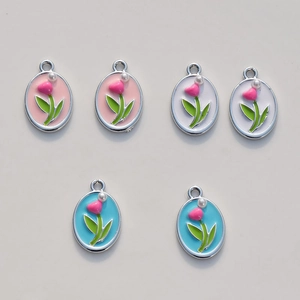 Enamel tulip flower pendants with faux pearl in pink, white, and blue for DIY jewelry