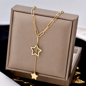 Titanium Steel Star Pendant Necklace For Women Gold Hollow Star Tassel Paperclip Chain Y-Shaped Clavicle Chain Jewelry