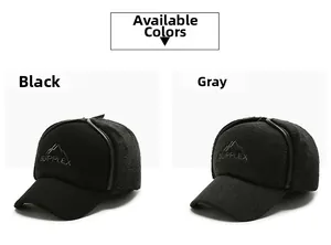 Detail view of winter baseball caps with ear flaps in black and grey colors