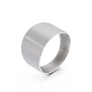 Classic wide-band silver titanium steel ring with a smooth polished finish on white background