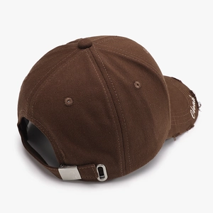 Distressed dark brown cotton baseball cap with white Cloud embroidery and adjustable strap