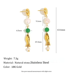 18K gold plated stainless steel drop earrings with natural stone and fish tassel
