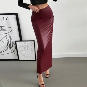Damen PU Leder Maxirock Hohe Taille Schmale Passform Rückenschlitz Gerader Bleistift Langer Rock Weinrot Elegant