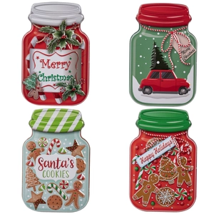 Set of 4 Christmas tin jars featuring Santa cookies and gingerbread man designs
