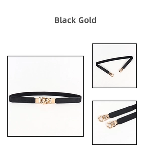 Detail of slim black elastic waist belt for women with interlocking gold chain buckle
