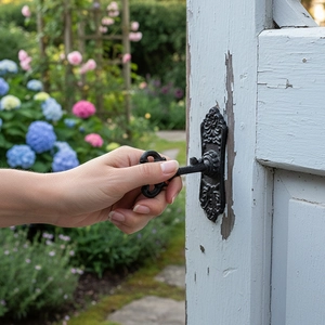 Poignée de porte rétro en fonte noire sur porte blanche rustique avec jardin fleuri