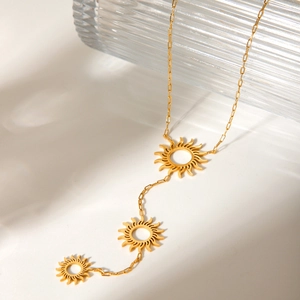 Sunflower Hollow Lariat Necklace Stainless Steel Gold Plated Y-Shaped Elegant Jewelry For Women Long Chain Pendant