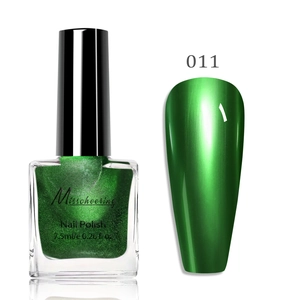 Detail of metallic green mirror nail polish in glass bottle with color swatch 011