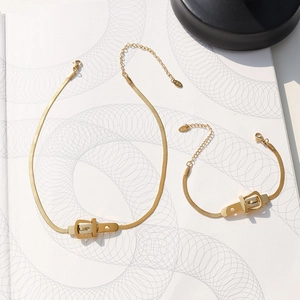 Gold 18K titanium steel belt buckle jewelry set with snake chain necklace and bracelet
