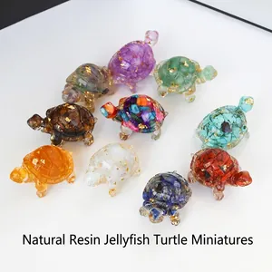 Resin Turtle Figurine Natural Crystal Crushed Stone Gold Foil Miniature Animal Desktop Decor Home Ornament Gift
