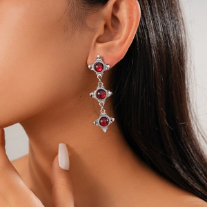 Vintage bohemian silver drop earrings with triple round red resin stones for women