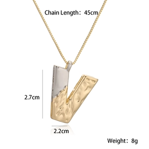 Detail view of two-tone V-letter pendant necklace showing dimensions 2.7cm and 45cm chain