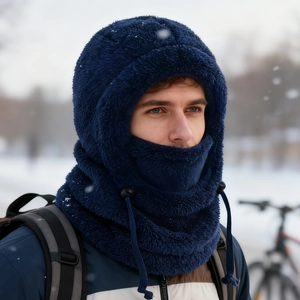 Detail of navy blue thermal balaclava with adjustable drawstring for winter outdoor riding