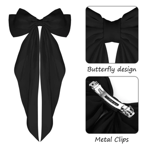 Large black satin bow hair clip with long ribbons and handmade metal spring clip