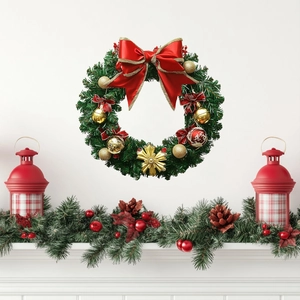Christmas wreath with red velvet bow, gold balls and ornaments on a white wall decor