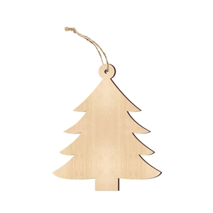Minimalist wooden Christmas tree ornament with natural wood grain and jute twine hanger