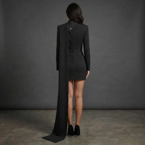 Detail of elegant black pinstripe halter blazer dress with asymmetrical long train sash