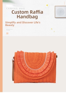 Detail of orange straw clutch with layered fringe design and leather hand strap