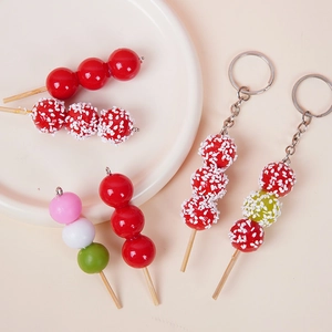 Miniature lifelike Tanghulu and Dango charms with realistic glaze on metal keychains