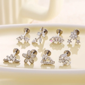 Set of 8 F136 titanium labret studs with cubic zirconia in various geometric designs